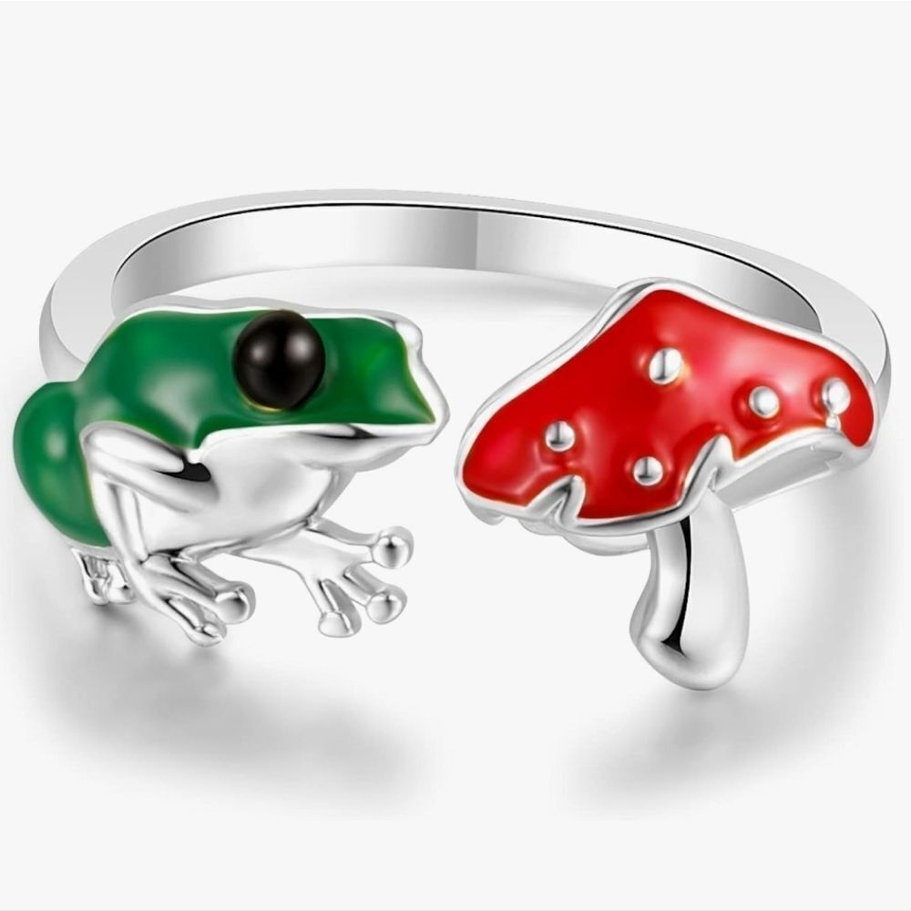 🩵NIB Green Frog & Red Mushroom Sterling Silver Open Ring Size 7